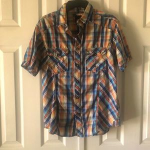 Various Artists orange, blue, & white plaid shirt sleeve collared shirt size M